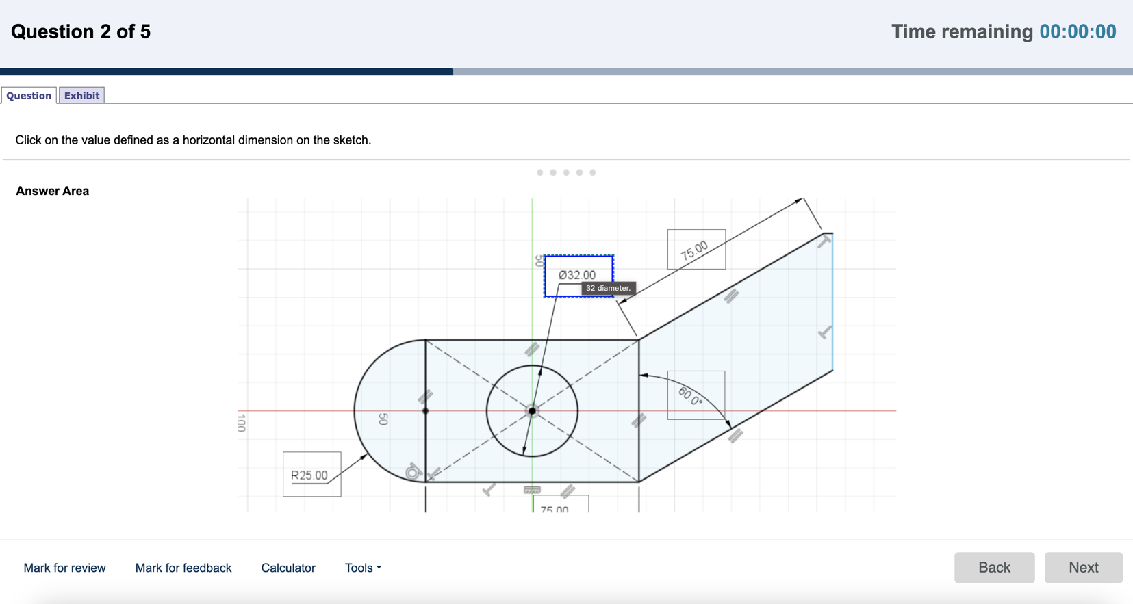 An image of a drag-and-drop sample test question for the ACA for CAD for Mechanical Design exam. The image includes a timer at the top to illustrate the timer included in the live exam The exhibit shows a  sketch with options pointing at different geometries composed of a semicircle, square with a circle inside it, and rectangle at a 60 degree angle. The workarea shows a A sketch with options pointing at different geometries composed of a semicircle, square with a circle inside it, and rectangle at a 60 degree angle.  Hotspot 1: A 32 diameter. Hotspot 2: B R25. Hotspot 3: C 60 degree angle. Hotspot 4: D 75 length of a rectangle side. Hotspot 5: E 75 length of a square side.