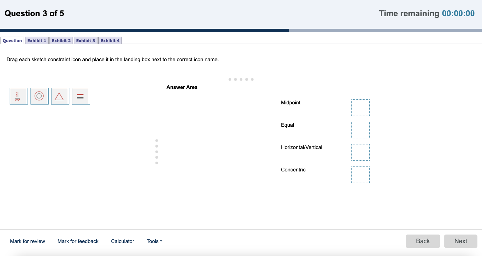 An image of a drag-and-drop sample test question for the ACA for CAD for Mechanical Design exam. The image includes a timer at the top to illustrate the timer included in the live exam. The sample question reads Drag each file type and place it in the landing box next to its full name. The exhibit includes four boxes on the left; box 1 shows perpendicular, box 2 shows a circle in a circle, box 3 show a triangle, box 4 shows horizontal parallel lines. The answer area includes four terms meant to be matched with the 4 boxes on the left; these terms read Initial Midpoint, Equal, Horizontal/Vertical, and Concentric.