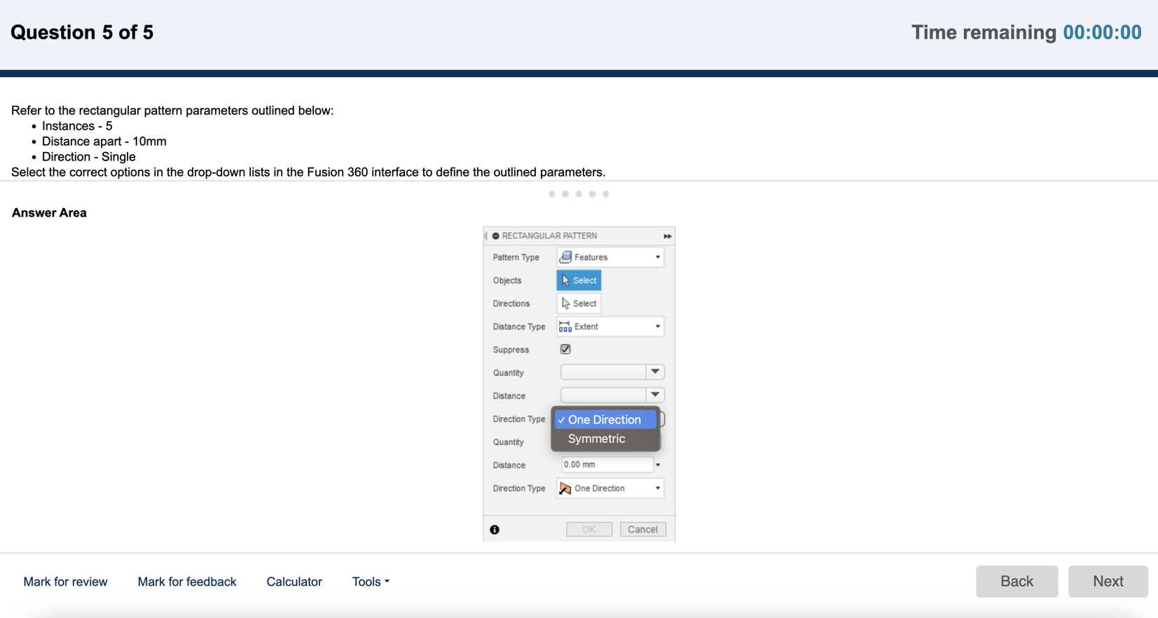 An image of a hot area sample test question for the ACA for CAD for Mechanical Design exam. This is an image of the rectangular pattern dialogue box.