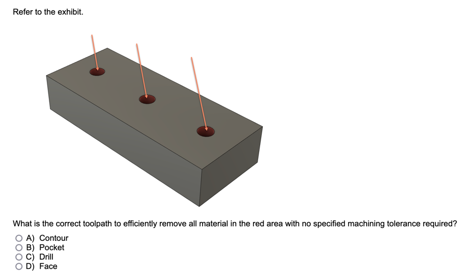 An image of a multiple choice sample test question for the ACA in CAM for 2.5 Axis Milling exam. The image includes a timer at the top to illustrate the timer included in the live exam. The sample question reads Refer to the exhibit. The exhibit is of a rectangular gray box with three red holes in the middle of even spacing. There is an arrow pointing into each hole. The question reads What is the correct tool path to efficiently remove all material in the red area with no specified machining tolerance required? A) Contour B) Pocket C) Drill D) Face.