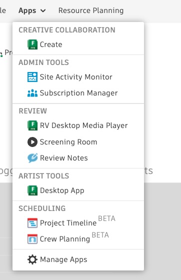 The Apps tab in Flow Production Tracking