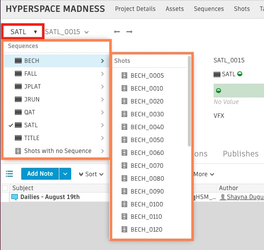 Navigate between shots in any sequence within the same project