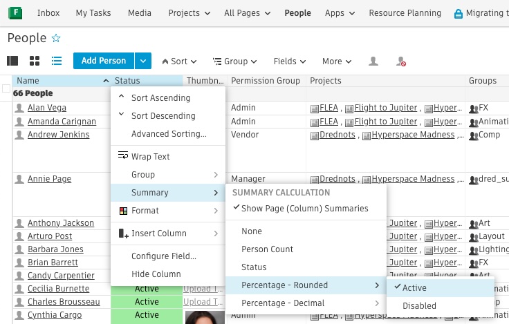 Selecting Summary and choosing the type of summary to display