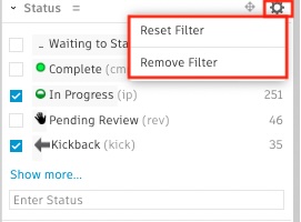 The gear icon allows filters to be reset or removed