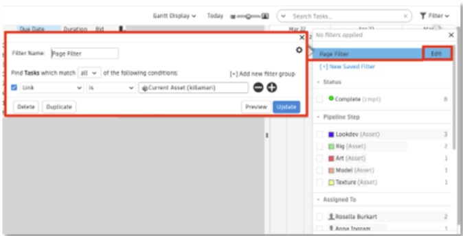 Select Edit to see the conditions of any saved filter