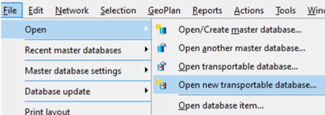 Zoomed-in view of the main menu with File > Open > Open new transportable database selected.