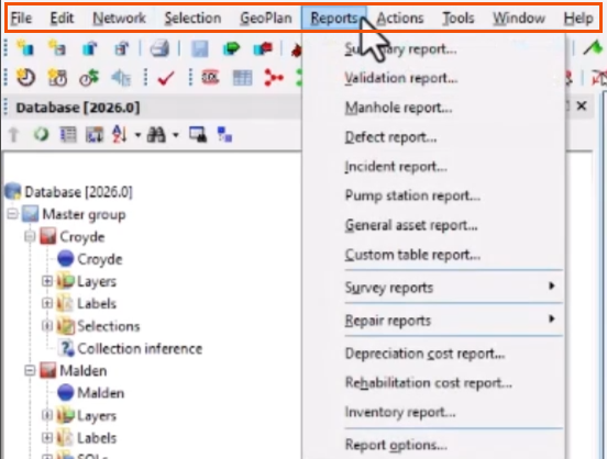 The menu bar highlighted in red, with the Reports menu expanded.