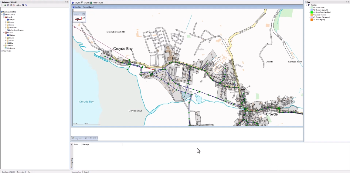 The Main Window of the InfoAsset Manager interface, with the Explorer Window on the left, the GeoPlan in the middle, and the Flag Window on the right.