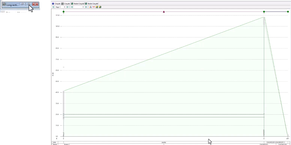 Minimized Long Section Window with Maximize being clicked, and the maximized Long Section Window.