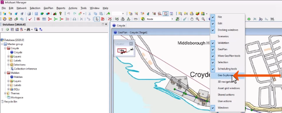 The toolbar context menu with Geo Explorer selected.