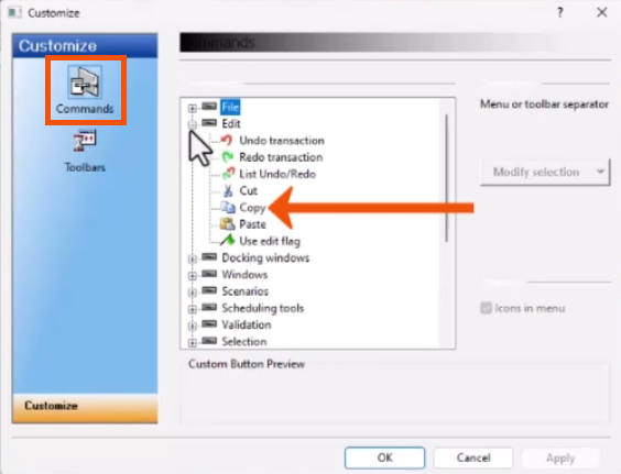 The Customize dialog with the Commands page selected and Copy highlighted.
