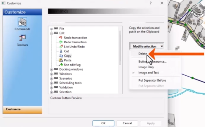 The Modify Selection menu with Delete selected.