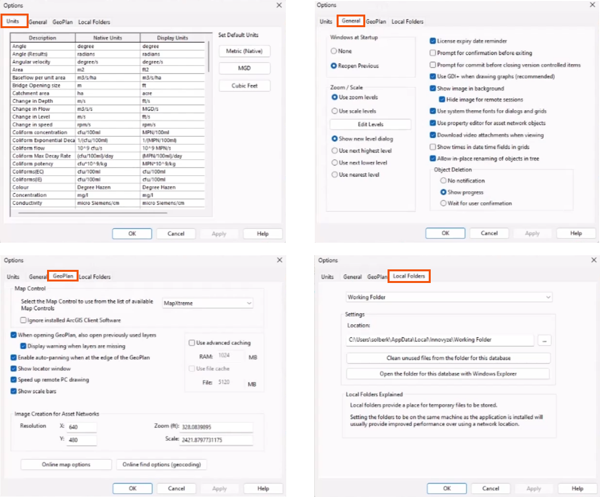 The Options dialog showing the Units, General, GeoPlan, and Local Folders tabs.