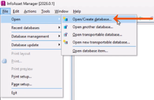 The File menu expanded with Open selected, and in the flyout, Open/Create database being selected and called out with a red arrow.