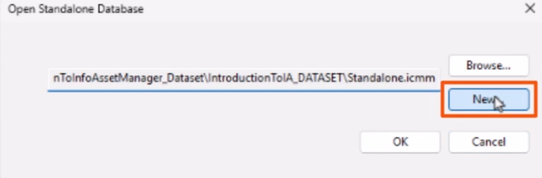 The Open Standalone Database popup, with New being selected and highlighted in red.