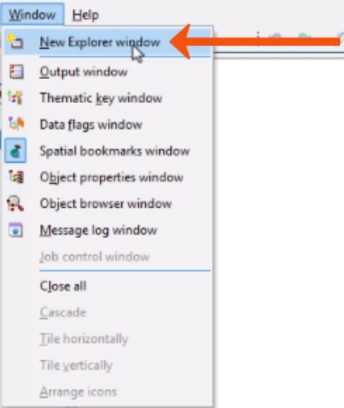 The Window menu expanded, with New Explorer window being selected and called out with a red arrow.