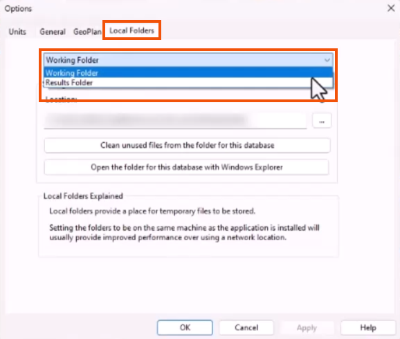 The Options dialog, with the Local Folders tab selected and highlighted in red. The drop-down is expanded and highlighted in red to show the Working Folder and Results Folder options.