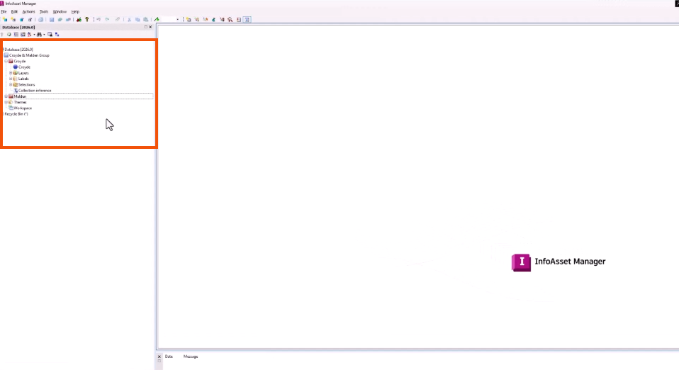 The InfoAsset Manager interface, with the Database highlighted in red.