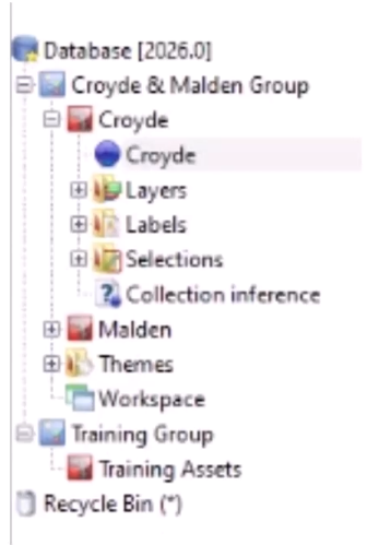 An example of a database hierarchy, including several groups, and within these, asset groups.