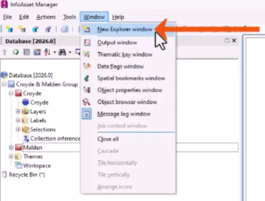 The Window menu expanded, with New Explorer Window being selected and called out with a red arrow.