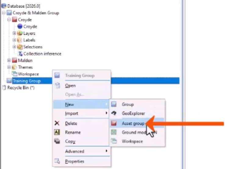 In the Explorer window, the context menu for the new group expanded with New selected, and in the flyout, Asset group being selected and called out with a red arrow.