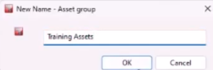 The New Name – Asset Group dialog, with Training Assets entered for the name.