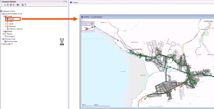 In the Explorer window, a database item highlighted in red. A red arrow connects the item to the GeoPlan, indicating that it has been dragged and dropped to apply the data to the network.