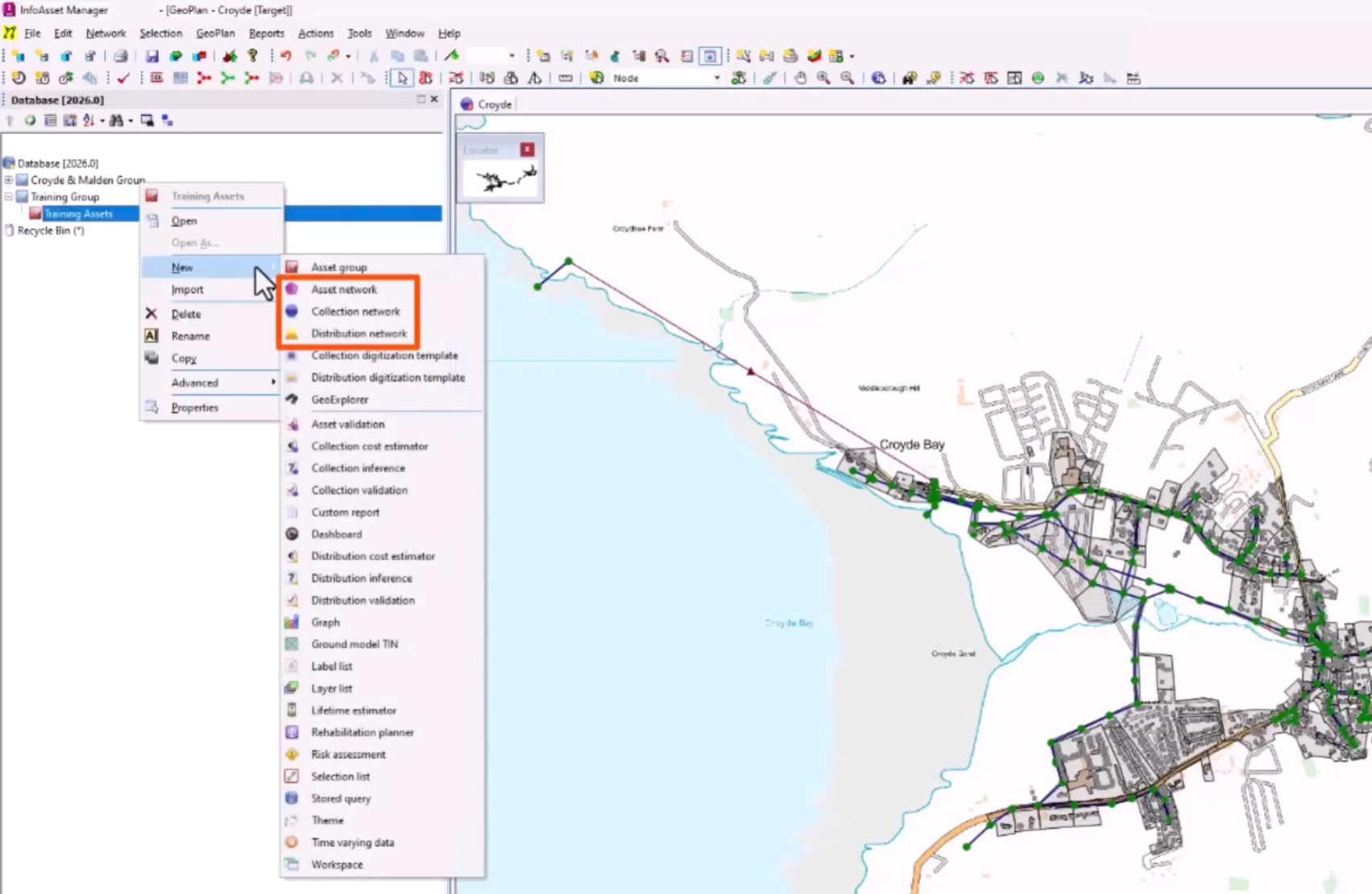 The InfoAsset Manager interface, with a network open in the GeoPlan. In the Explorer window, the context menu for an asset group expanded with New selected, and in the flyout, the three types of networks highlighted in red.