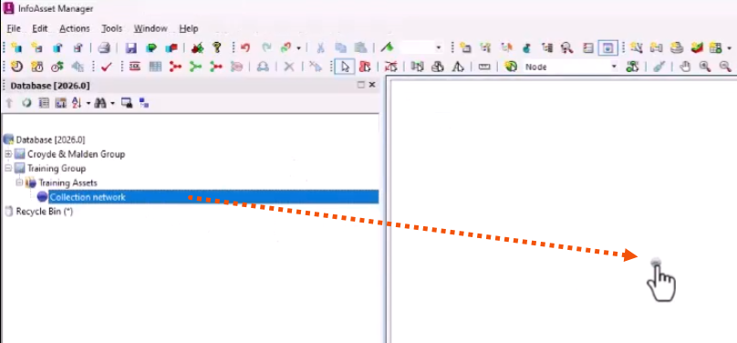 In the Explorer window, the new Collection network added to the database. A red dotted arrow shows its path to the empty GeoPlan, where the hand cursor is dropping it to open the network.