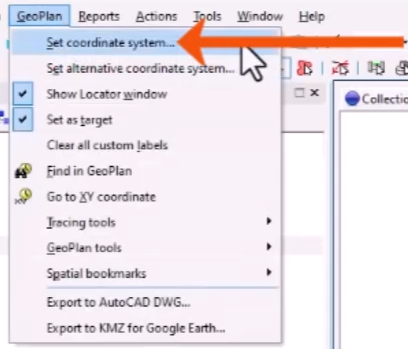The GeoPlan menu expanded, with Set coordinate system being selected and called out with a red arrow.