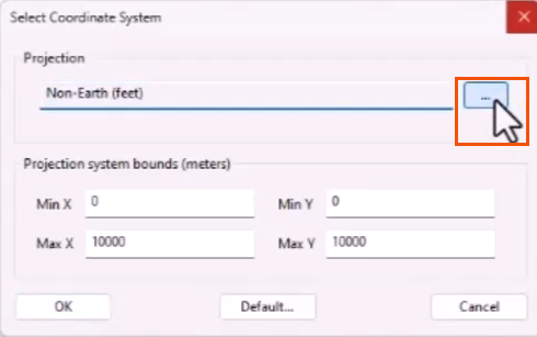 In the Select Coordinate System dialog, next to the Projection field, the Browse button being clicked and highlighted in red.