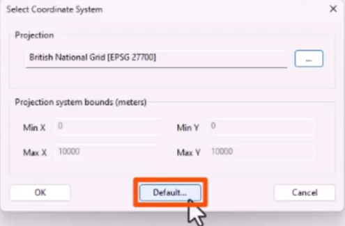 The Select Coordinate System dialog, with Default highlighted in red.