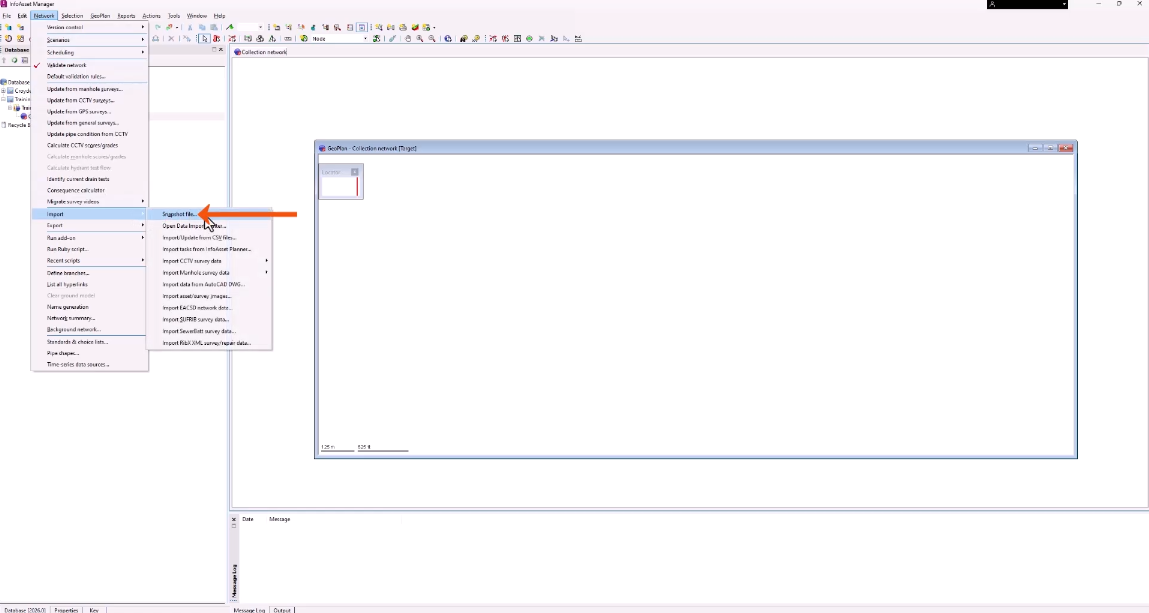 In the InfoAsset Manager user interface, the Network menu expanded with Import selected, and in the flyout, Snapshot file being selected and called out with a red arrow.