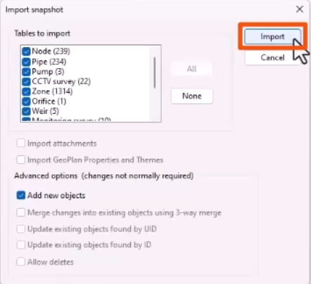 The Import snapshot dialog, with Import being selected and highlighted in red.