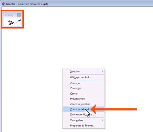 In the GeoPlan, the Locator window showing the imported data from the network and highlighted in red, and in the expanded context menu, Zoom to network selected and called out with a red arrow.