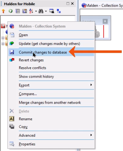 In the Explorer window, the context menu for the network expanded, with Commit changes to database being selected and called out with a red arrow.