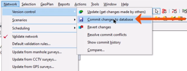 The Network menu expanded with Version control selected, and in the flyout, Commit changes to database being selected and called out with a red arrow.
