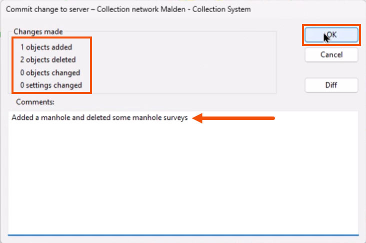 The Commit changes to server dialog, with the summary of changes highlighted in red, a comment added and called out with a red arrow, and OK being selected and highlighted in red.