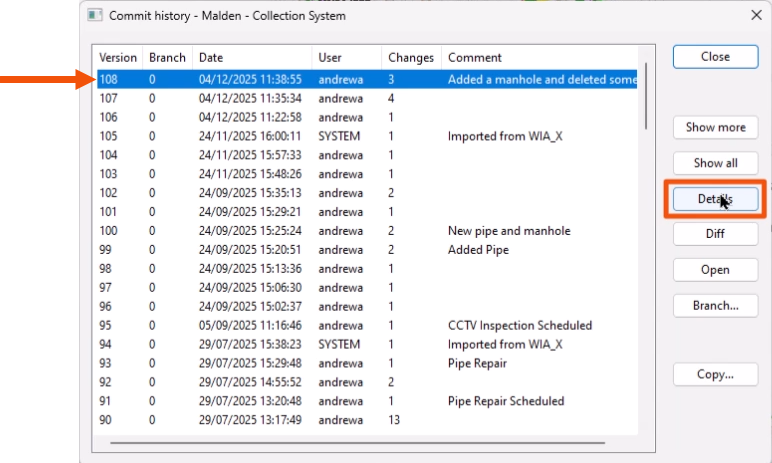 The Commit history dialog, with a version selected and called out with a red arrow, and Details being selected and highlighted in red.