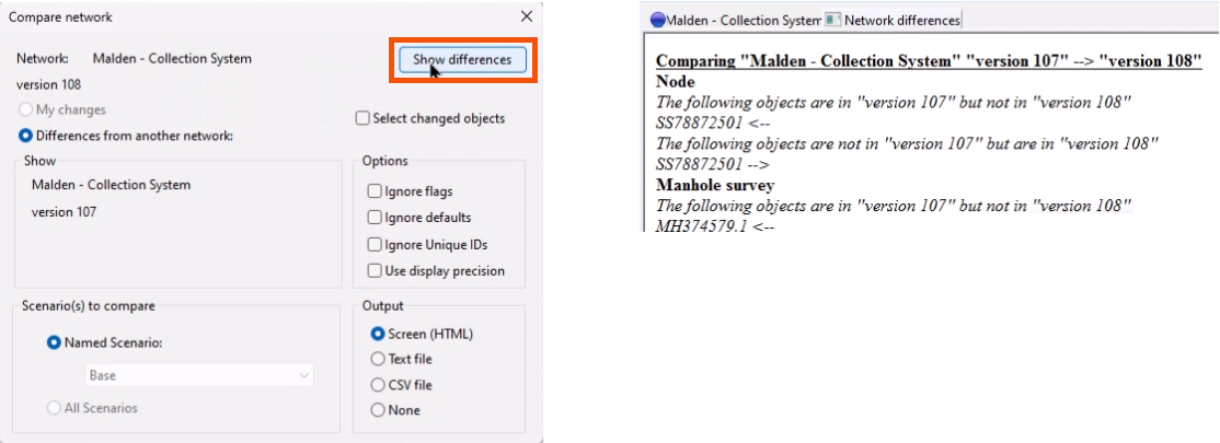 On the left, the Compare network dialog, with Show differences selected and highlighted in red, and on the right, the Network differences window.