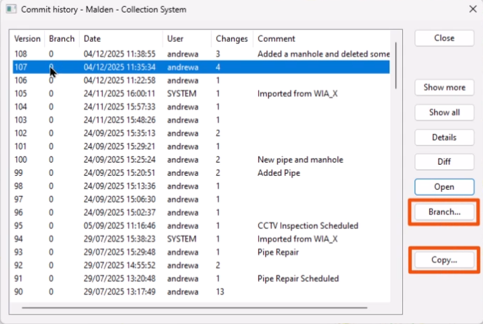The Commit history dialog, with Branch and Copy highlighted in red.