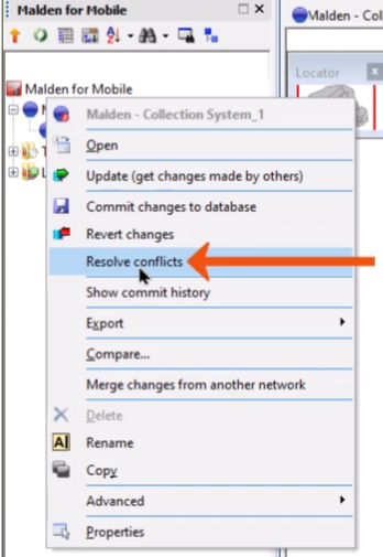 The Explorer window, with the context menu for the network expanded, and Resolve conflicts being selected and called out with a red arrow.