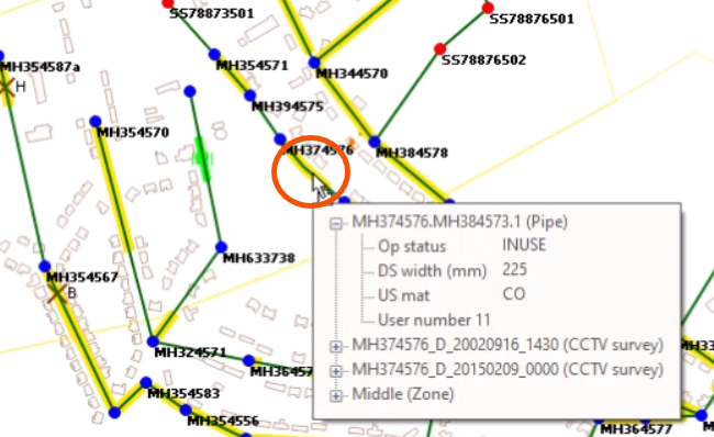 The GeoPlan, with a pipe selected and highlighted in red.