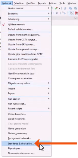 The Network menu expanded, with Standards & choice lists being selected and called out with a red arrow.