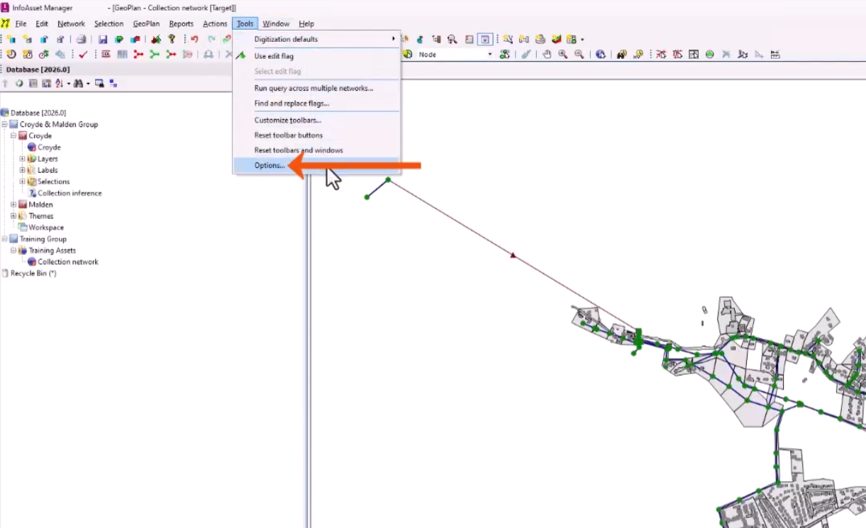 In the InfoAsset interface, the Tools menu expanded, with Options selected and called out with a red arrow.