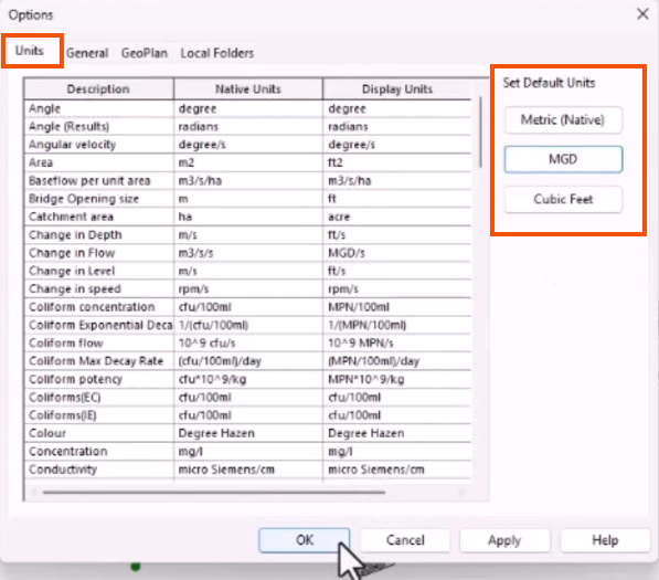 The Options dialog, with the Units tab highlighted in red, and the Set Default Units options highlighted in red, with MGD selected.