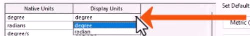In the Options dialog, the Display Units drop-down for the first field expanded and called out with a red arrow.