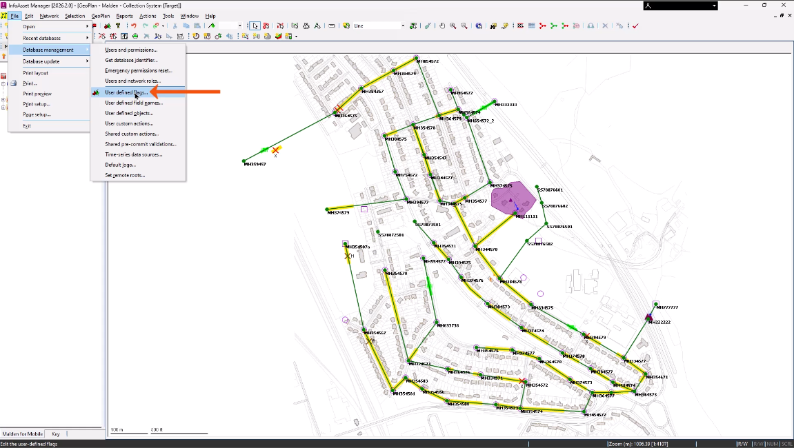 In the InfoAsset Manager interface, the File menu expanded with Database Management selected, and in the flyout, User defined flags being selected and called out with a red arrow.