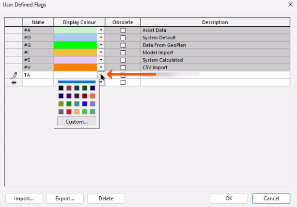 The User Defined Flags dialog, with the Display Colour drop-down expanded and called out with a red arrow.