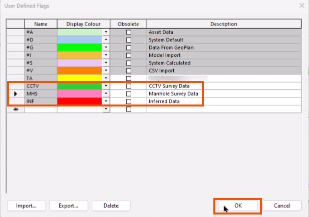 In the User Defined Flags dialog, flags added for this example and highlighted in red, with OK being selected and highlighted in red.